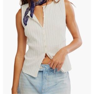 Free People White Tilly Rib Button-Up Top